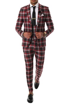Costum pentru barbati, elegant, slim fit, vesta, pantaloni, rosu in carouri, A7808 Costum pentru barbati, elegant, slim fit, vesta, pantaloni, rosu in carouri, A7808