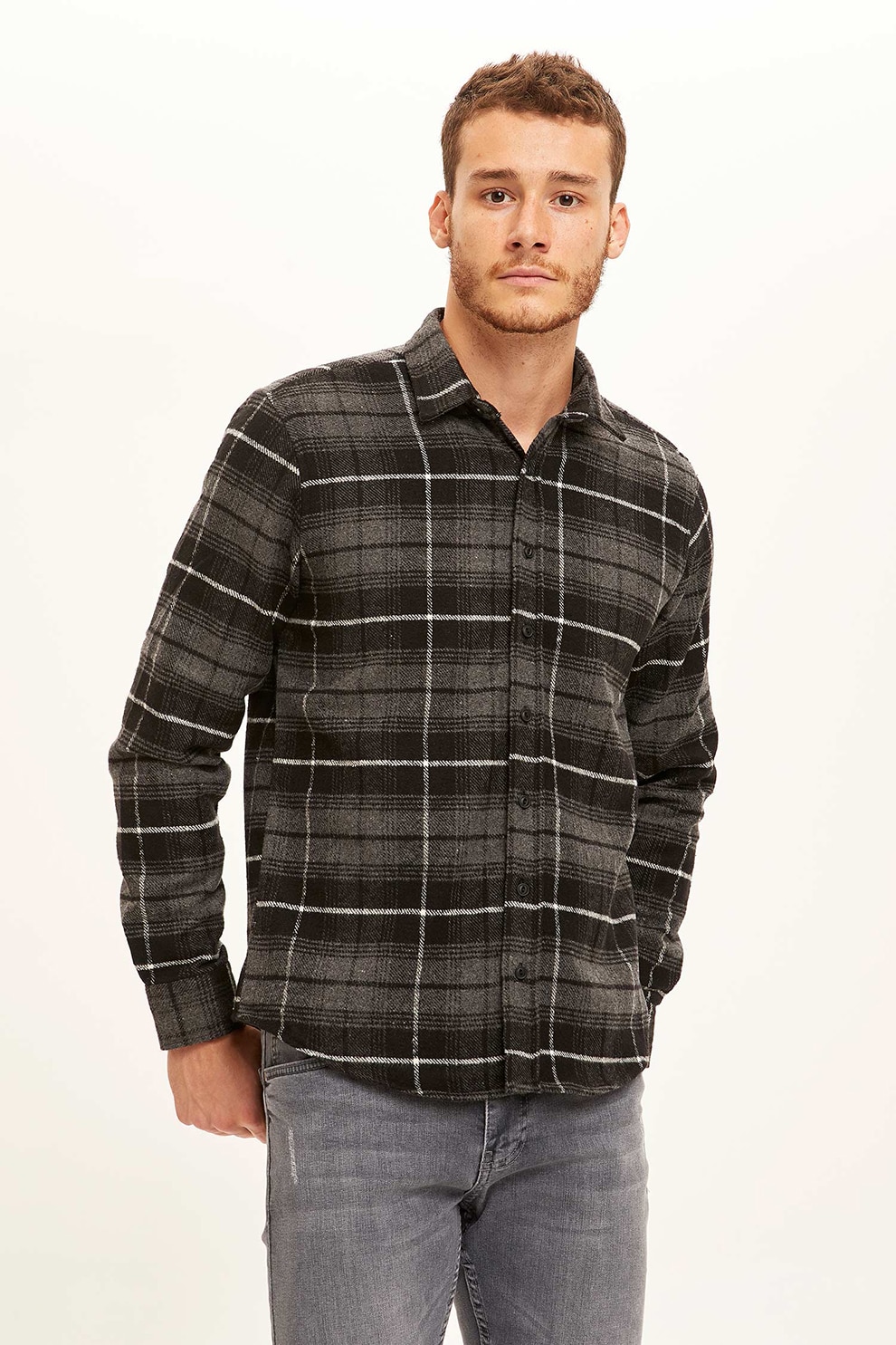 DeFacto, Camasa in carouri, Gri/Negru/Alb, XS