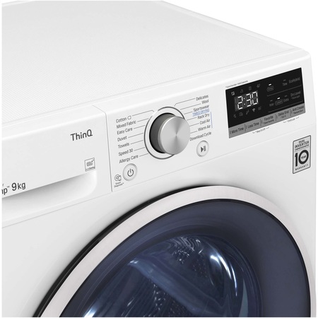 Uscator de rufe LG RH90V5AV6Q, Pompa de caldura, 9 kg, Clasa A++, WiFi, SmartDiagnosis, Hublou reversibil, Alb
