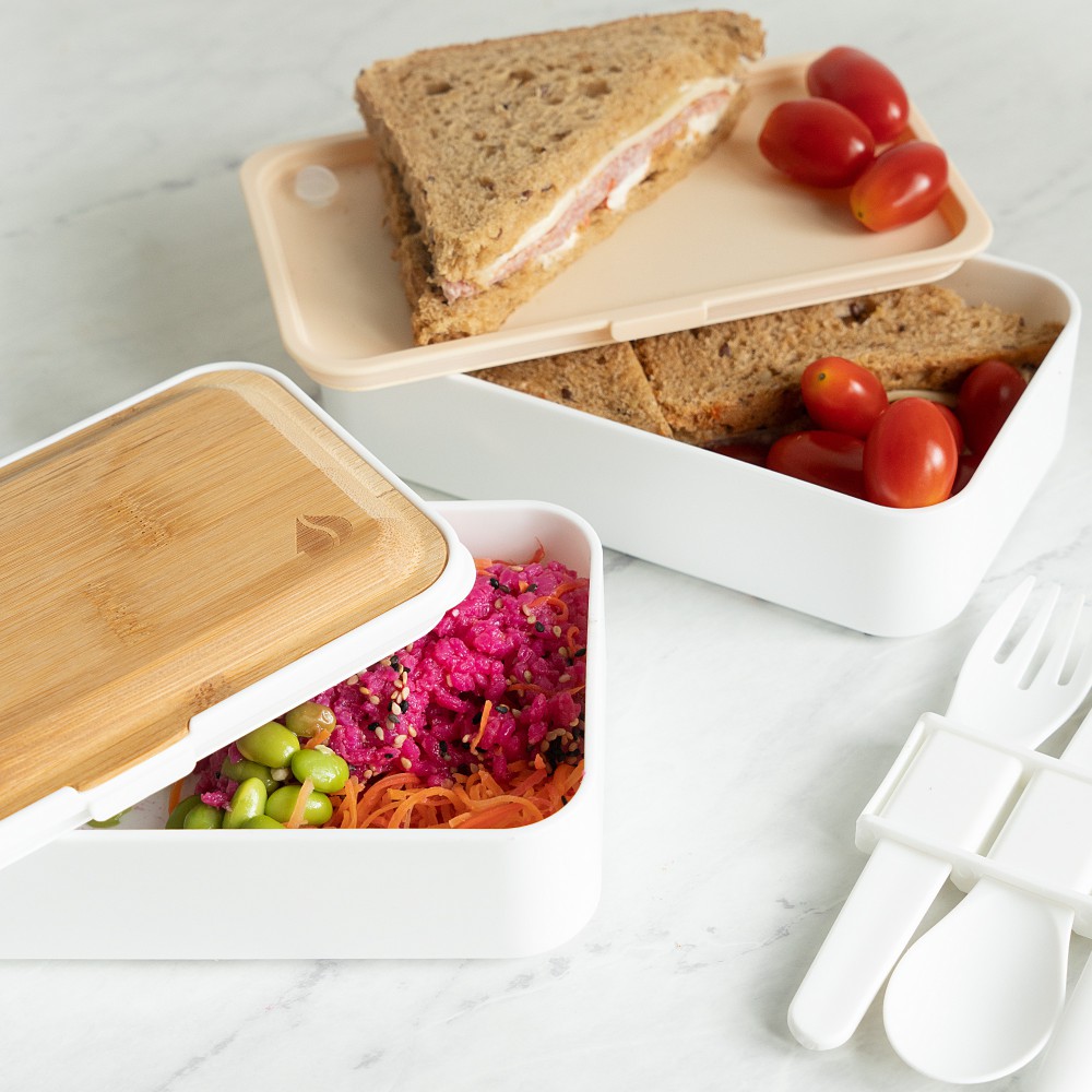 Комплект кутии за обяд Bento Box, С прибори за хранене, Бамбуков капак ...