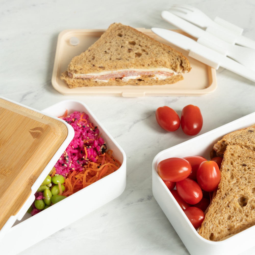Комплект кутии за обяд Bento Box, С прибори за хранене, Бамбуков капак ...