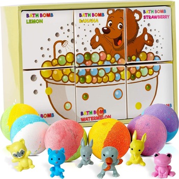 Set 6 bombe de baie efervescente cu surpriza in interior, cu arome si culori diferite, produse bio cu unt de Shea si uleiuri esentiale, bile de baie pentru copii, 6x120 g, 720 g Set 6 bombe de baie efervescente cu surpriza in interior, cu arome si culori diferite, produse bio cu unt de Shea si uleiuri esentiale, bile de baie pentru copii, 6x120 g, 720 g