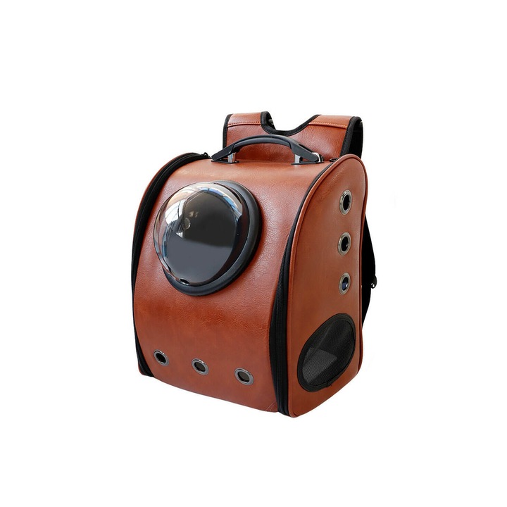 Rucsac maro cu capsula astronaut, pentru caini si pisici de talie mica ,spatiu respirabil , piele ecologica 39 cm ,Doty