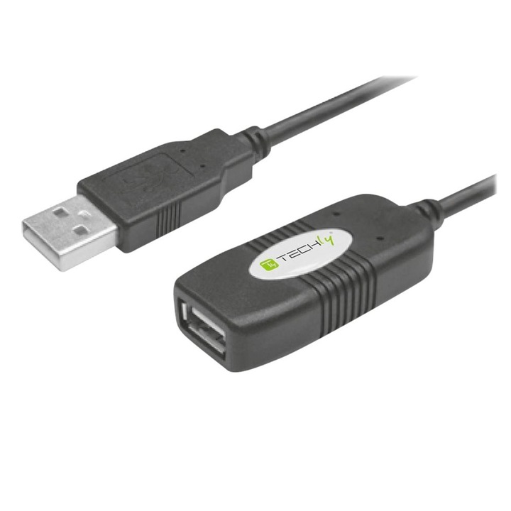Удължителен кабел, дължина 10 м, Techly, USB A мъжки към USB A женски, с повторител, черен Активен USB 2.0
