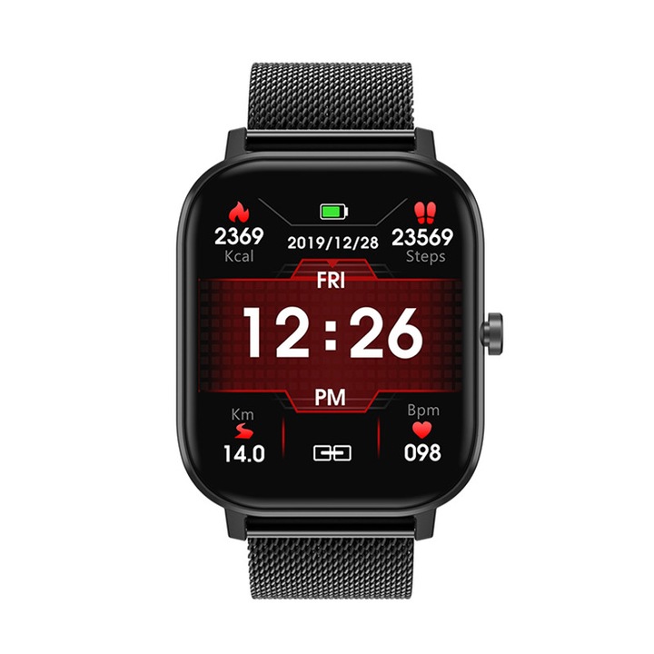 ISP Dreamwime Smartwatch Watch, színes kijelző, hívásértesítések / SMS / Whatsapp / Facebook, IP67, pulzus- és pulzusmérés, több interfész és különböző funkciók, fém, fekete