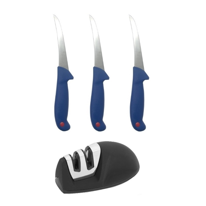 Set macelarie Butcher S3-Blue format din 3 Cutite profesionale dezosat si ascutitor manual 2 nivele de intensitate