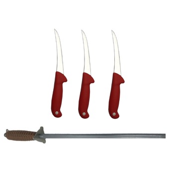 Pachet macelar format din 3 Cutite profesionale pentru dezosat 28 cm, maner rosu si Masat 30 cm Pachet macelar format din 3 Cutite profesionale pentru dezosat 28 cm, maner rosu si Masat 30 cm