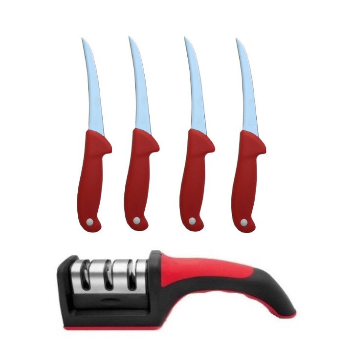 Pachet macelarie MDM4 Red-MB format din 4 cutite profesionale pentru dezosat si aparat manual pentru ascutit , 3 nivele de intensitate