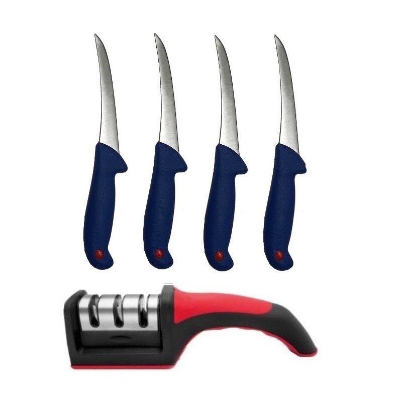 Pachet macelarie MDM4 Blue-MB format din 4 cutite profesionale pentru dezosat si aparat manual pentru ascutit , 3 nivele de intensitate