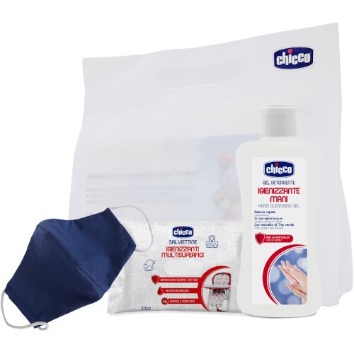 Kit Chicco Back to School cu Gel Igienizare Maini, Servetele Umede si Masca de Protectie Faciala, Albastru