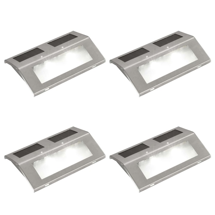 Set de 4 panouri solare pentru scari, vidaXL, Otel inoxidabil, 14 x 9,5 x 2,4 cm, Argintiu