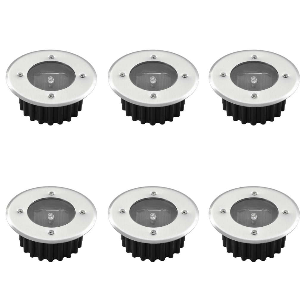 Set de 6 spoturi solare rotunde de exterior, vidaXL, Otel inoxidabil, 8,5 x 8,5 x 3,5 cm, Argintiu