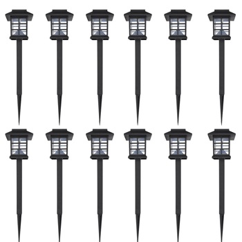Set de 12 lampi solare de gradina, vidaXL, Plastic, 8,6 x 8,6 x 38 cm, Ni-MH 1,2 V, 600 MA, Negru Set de 12 lampi solare de gradina, vidaXL, Plastic, 8,6 x 8,6 x 38 cm, Ni-MH 1,2 V, 600 MA, Negru