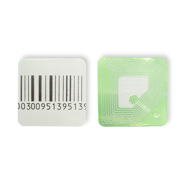 Etichete antifurt RF 30x30 mm, 1000 BUC / rola, autoadeziv, pretiparite cu coduri de bare false, compatibil cu porti antifurt RF