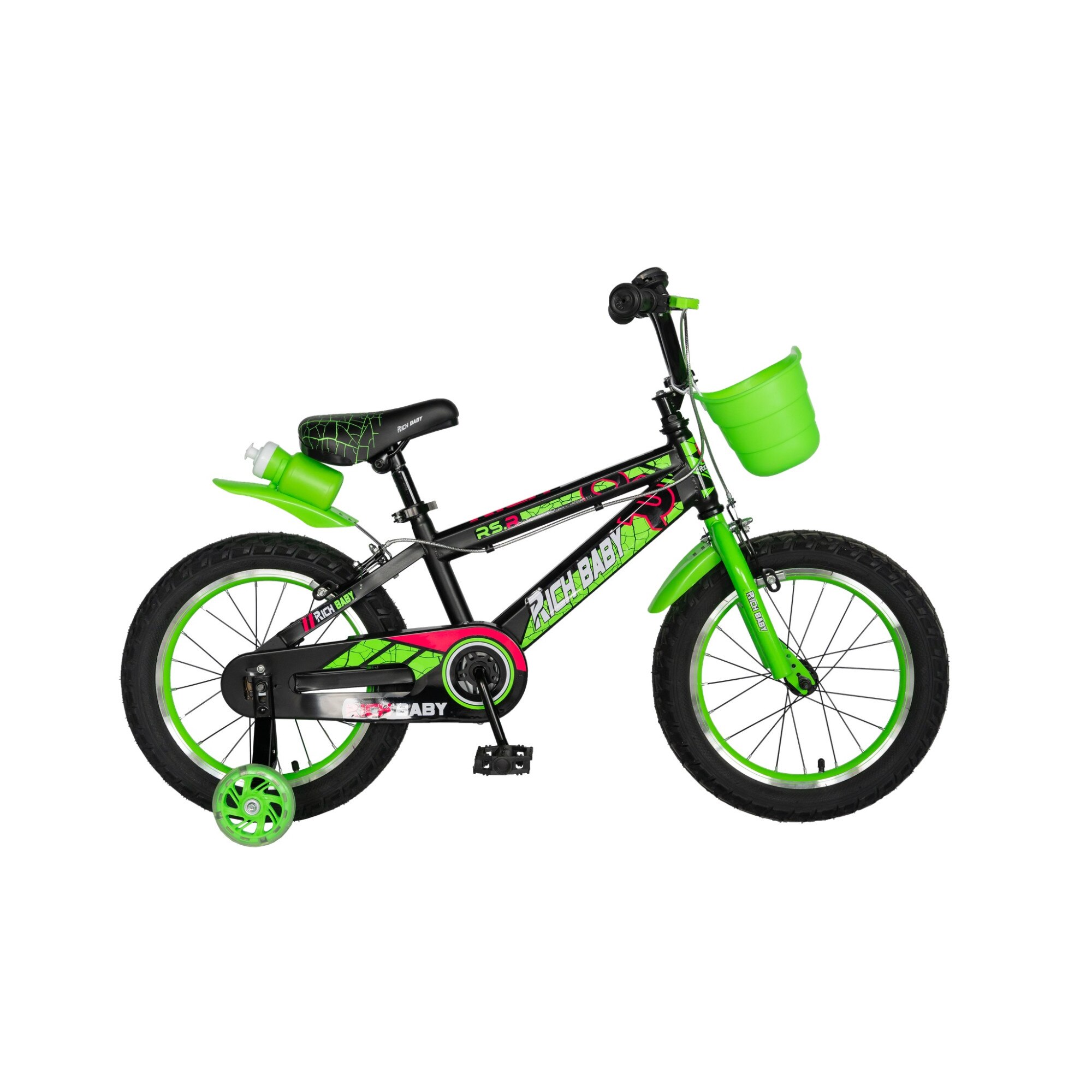 Bicicleta Copii MTB RICH 4/6 ani unisex JSX16WTB, roata 16 inch, frana tip C-BRAKE, cos plastic, roti ajutatoare, negru cu verde