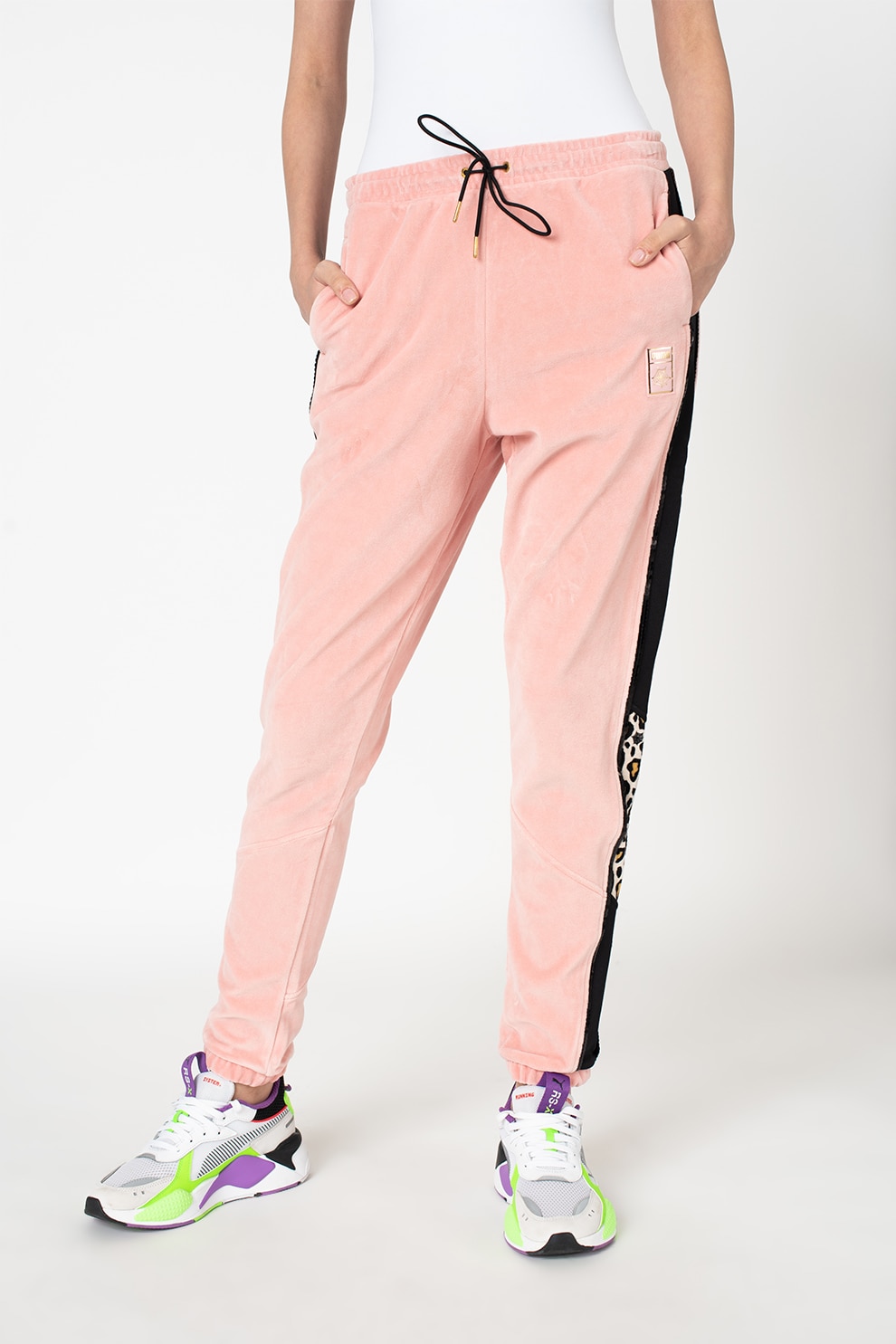 Puma, Pantaloni sport catifelati cu snur in talie PUMA X CO, Roz pal