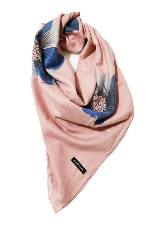 Esarfa casmir, toamna-iarna, roz pal cu imprimeu floral