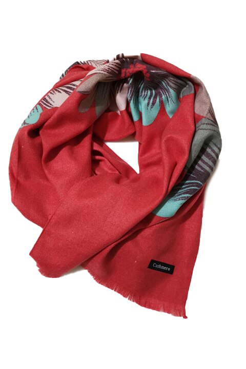 Esarfa casmir, toamna iarna, rosu cu imprimeu floral