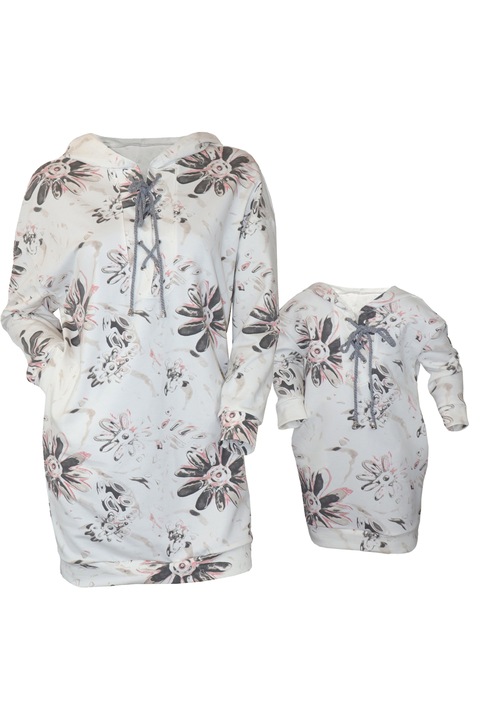 Set mama/ fiica, rochii albe cu imprimeu floral, model oversize, +6 ani