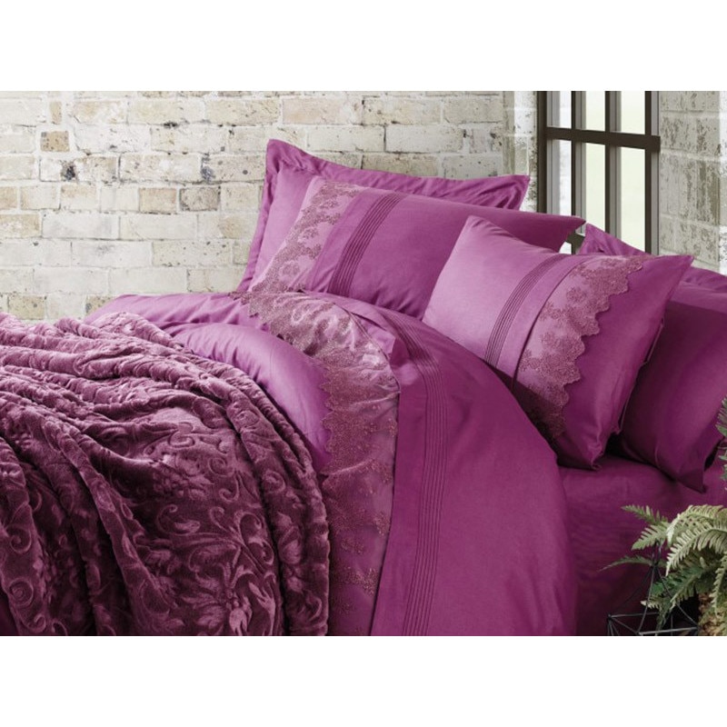 Set Lenjerie de pat dublu si Patura Cottonbox, 7 Piese, Bumbac 100%, model Emboss Mov