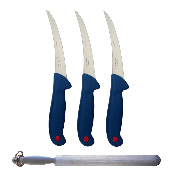 Set profesional pentru macelarie format din 3 cutite dezosat 28 cm , lama curbata si pila pentru ascutit 30 cm, otel tratat termic