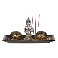 Suport lumanari si betisoare parfumate,cu model buda,negru cu auriu,30x7x16 cm