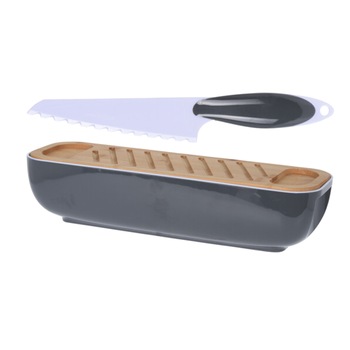 Cutie pentru paine 40x12.5x8.5cm cu capac bambus si cutit 27 cm, culoare gri inchis Cutie pentru paine 40x12.5x8.5cm cu capac bambus si cutit 27 cm, culoare gri inchis