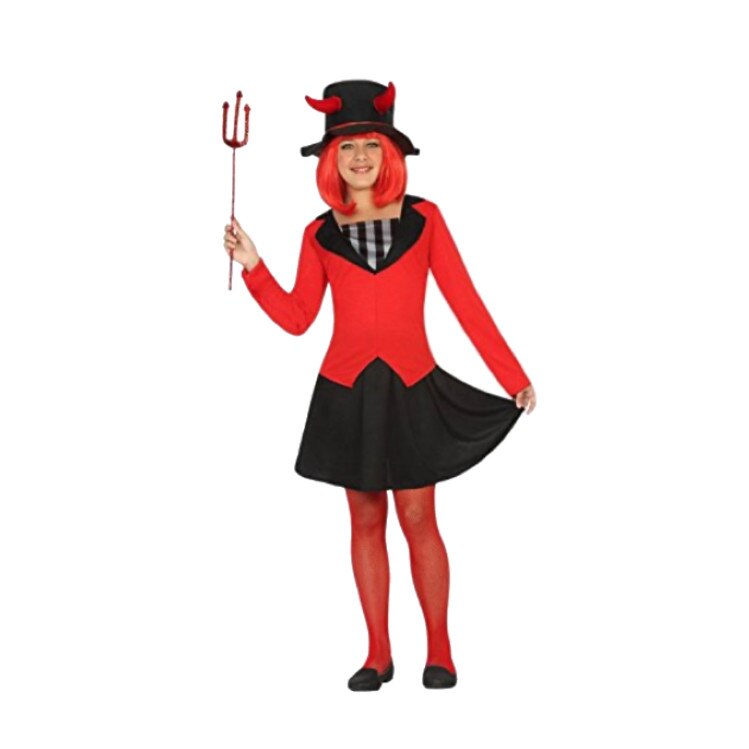 Costum Diavolita, 3 piese, palarie, bluza si fusta, rosu/negru, 5-6 ani