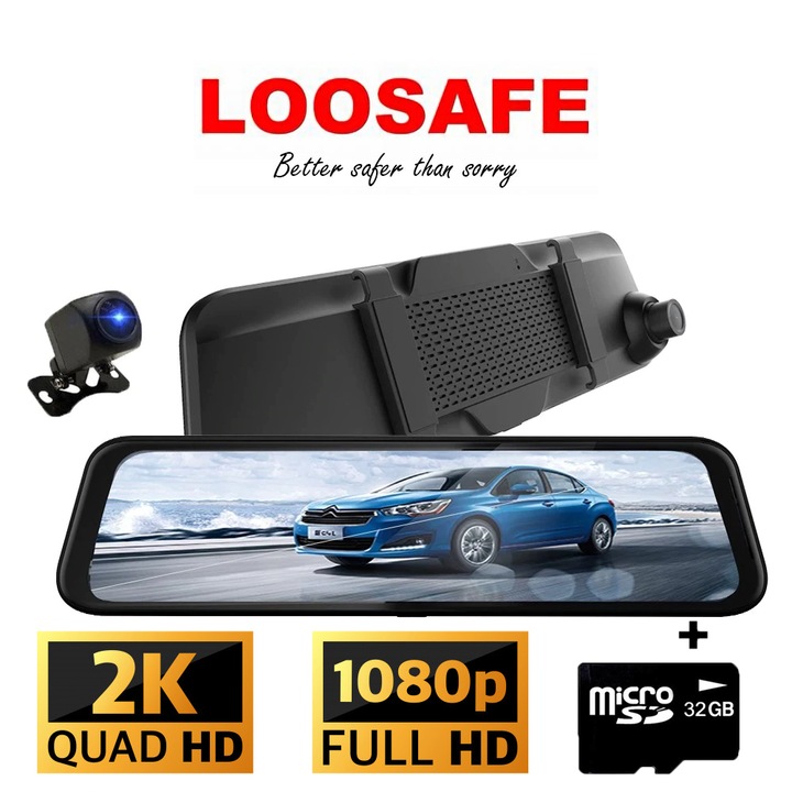 Камера DVR с огледало за кола Loosafe™ RoadTeam H5S, видео, 2K предна разделителна способност, Full HD 1080p задна, HiSilicon чипсет, 12 инча, нощно виждане, 170 градусов ъгъл на снимане, обектив Sony, черен цвят