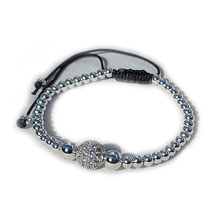 Bratara ArtDeco cu charm (Cubiz Zirconia) si 44 margele, reglabila 15 -25, Negru/Argintiu, 15-25 cm reglabila