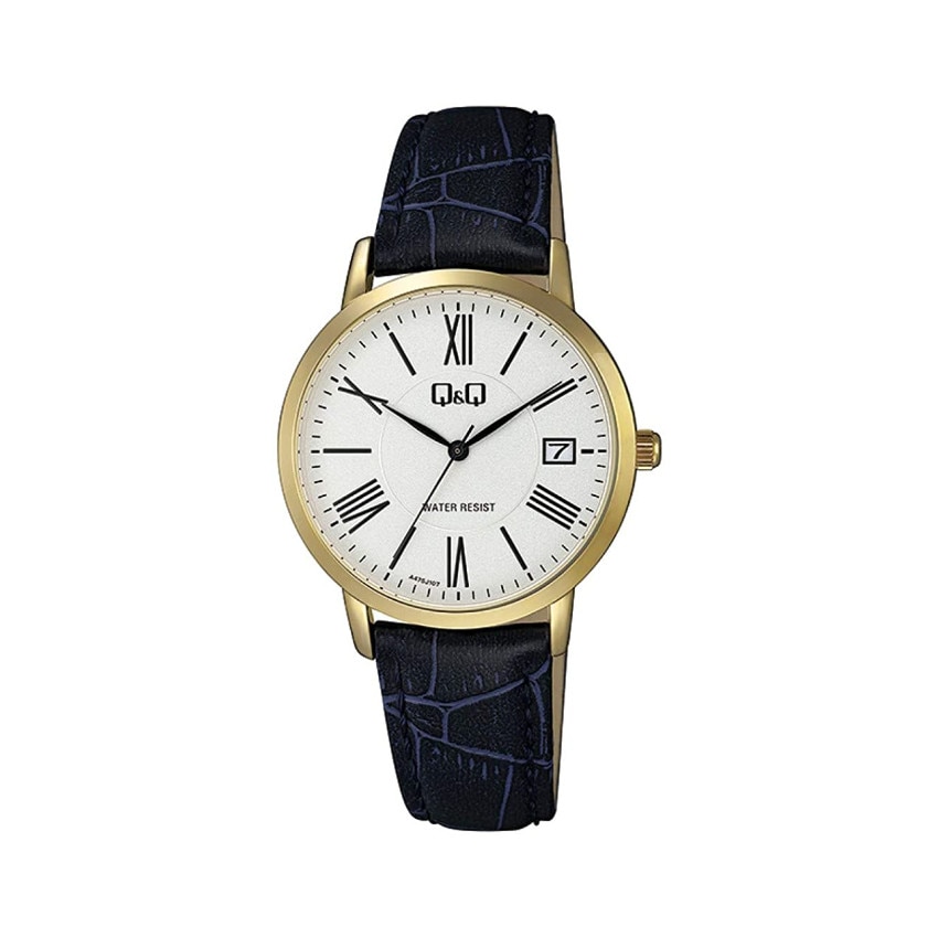 Ceas dama Q&Q casual, din piele, albastru cu auriu