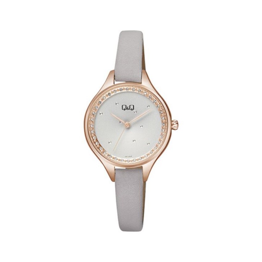Ceas dama Q&Q Designer Collection, analog, rotund, curea din piele, bej cu auriu