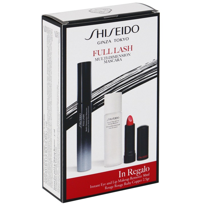 Set Shiseido: Mascara Full Las Multi-Dimension Black, 8 ml + Ruj Rouge, 2.5gr + Demachiant ochi si buze, 30 ml