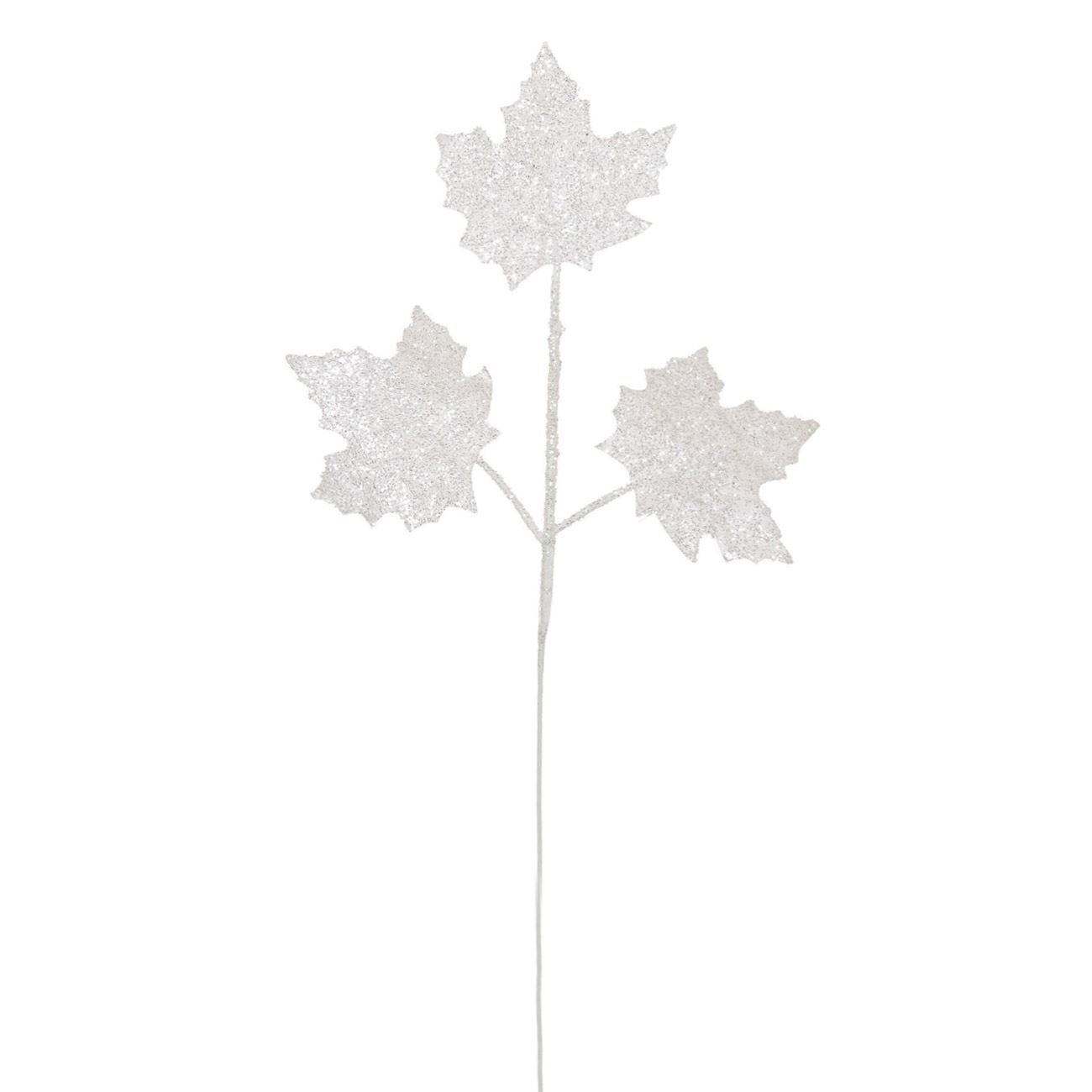 Ramura decorativa cu frunze albe de Craciun, 51 cm
