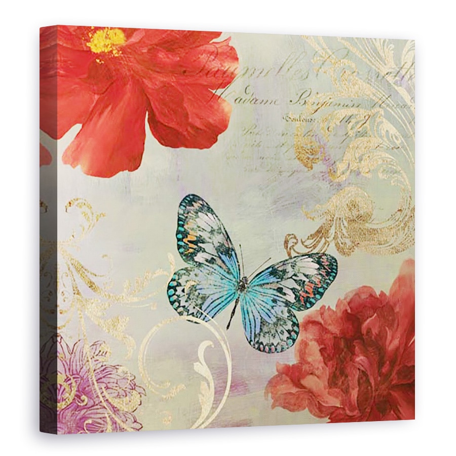 Tablou canvas - Flori, Flori rosii, Animale, Fluture, Violet, Pictura, 70 x 70 cm