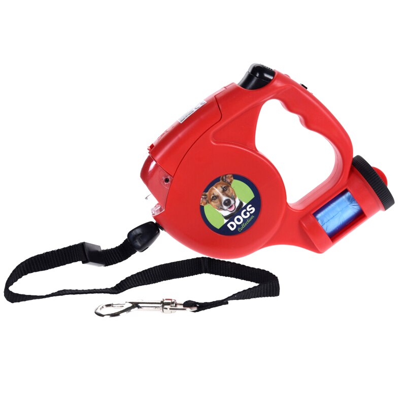 Lesa catei retractabila 5m, dimensiune 30x15 cm, max 35 kg, cu suport pentru 15 saci si lanterna, 2 baterii AA