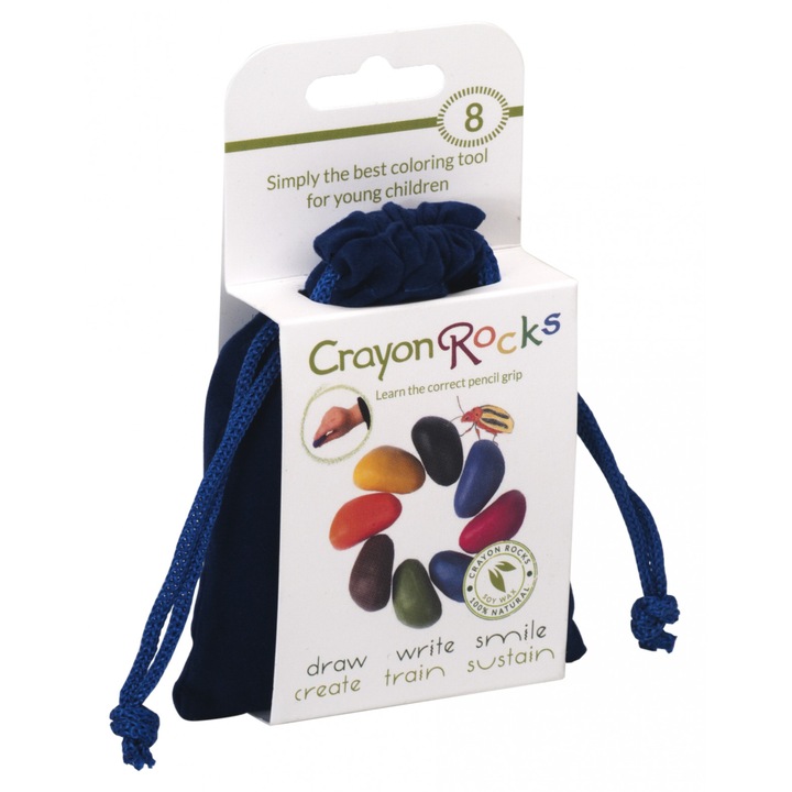 Set Junior cu 8 cerate pietricele in saculet textil, Crayon Rocks, sustine formarea prinderii corecte a intrumentelor de scris, ceara non-alergenica de soia