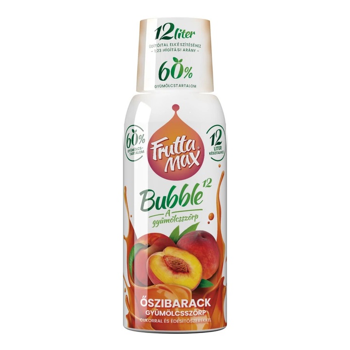 FruttaMax Bubble12 Őszibarack gyümölcsszörp, cukorral és édesítőszerekkel, 60%, 0.5 l