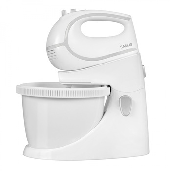 Mixer cu bol Samus SMX-500V, 500W, 5 viteze + Turbo, Accesorii framantat si amestecat, Alb Mixer cu bol Samus SMX-500V, 500W, 5 viteze + Turbo, Accesorii framantat si amestecat, Alb