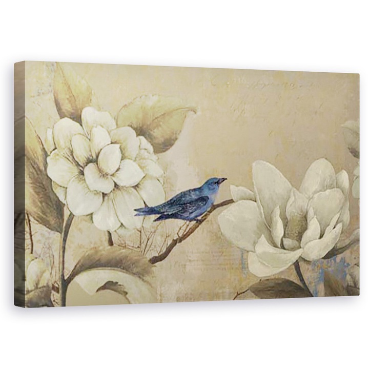 Картина на платно - Пейзаж, Природа, Цветя, Магнолия, Синя птица, Картина, 60 x 100 cm
