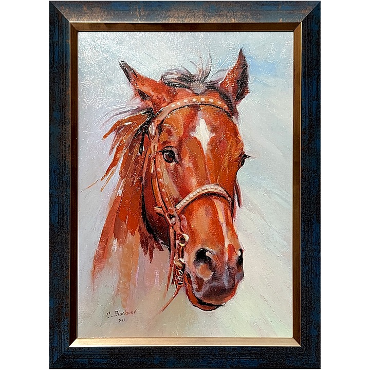 Tablou ArtDeco Cal Maron, pictura in ulei, panza caserata pe MDF, dimensiuni exterioare cu rama 32 x 25 cm (inaltime x latime)