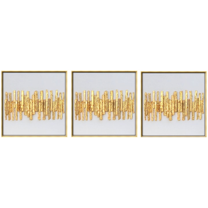 Tablou set 3 bucati, pictura decorativa abstract 3D, dimensiune 150x50 cm, tehnica texturat cutit, pictura cu elemente reliefate din foita de aur 24K