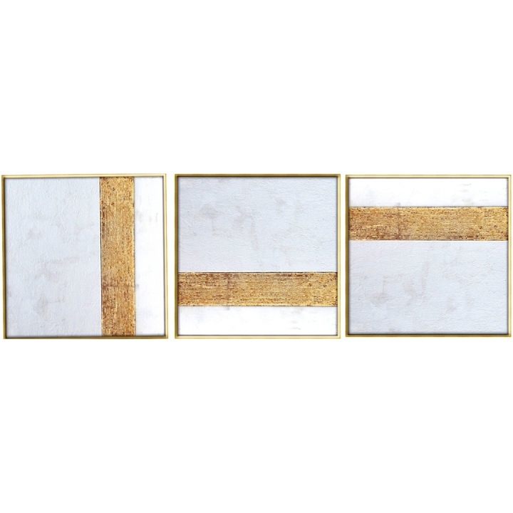 Tablou set 3 piese, pictura decorativa abstract 3D, dimensiune 150x50 cm, tehnica texturat cutit, pictura cu elemente reliefate din foita de aur 24K