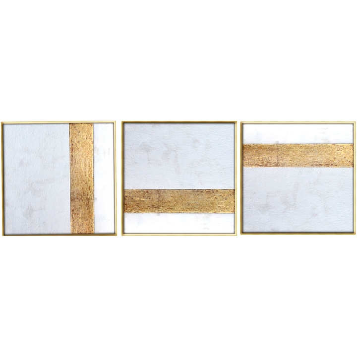 Tablou set 3 piese, pictura decorativa abstract 3D, dimensiune 150x50 cm, tehnica texturat cutit, pictura cu elemente reliefate din foita de aur 24K