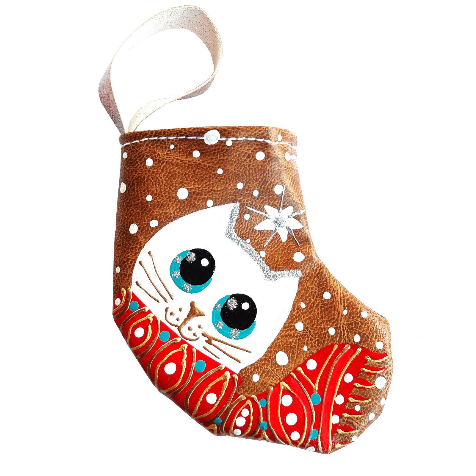 Ornament de brad tip ciorap cadouri, Regalo - pisica pictata, 16 cm, multicolor