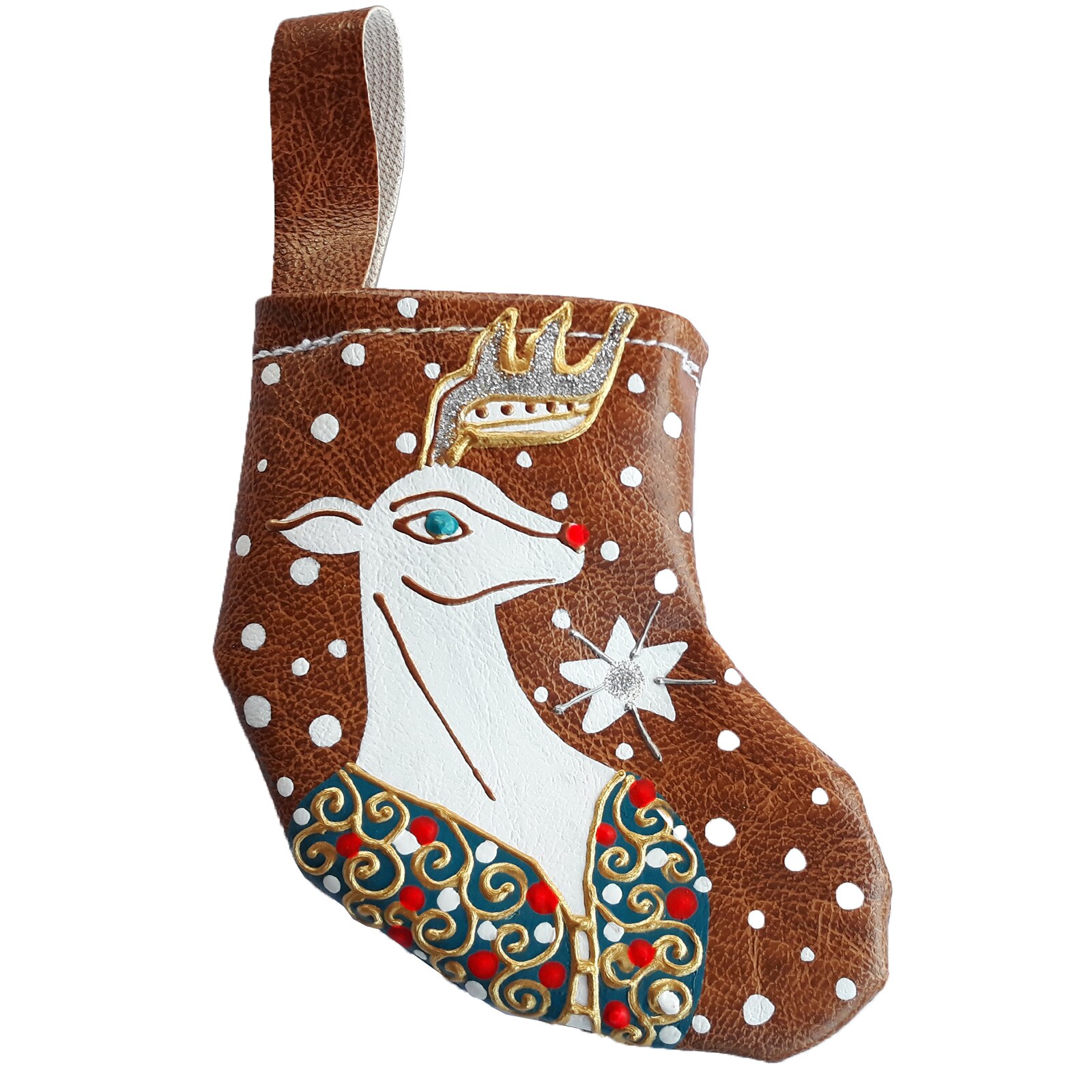 Ornament de brad tip ciorap cadouri, Regalo - renul Rudolf pictat, 16 cm, multicolor