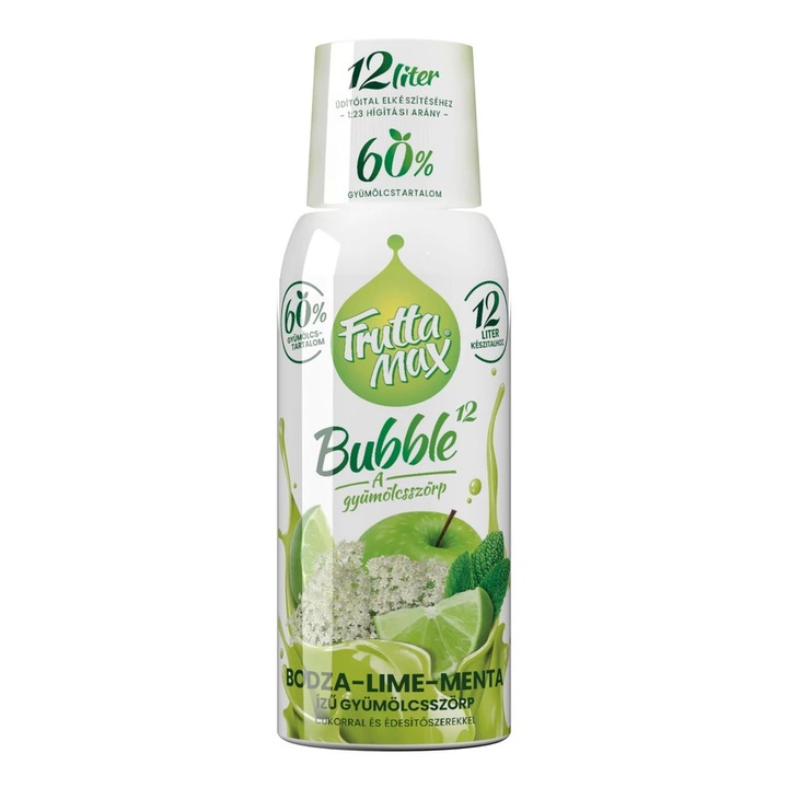 FruttaMax Bubble12 Bodza-lime-menta ízű gyümölcsszörp, cukorral és édesítőszerekkel, 60%, 0.5 l
