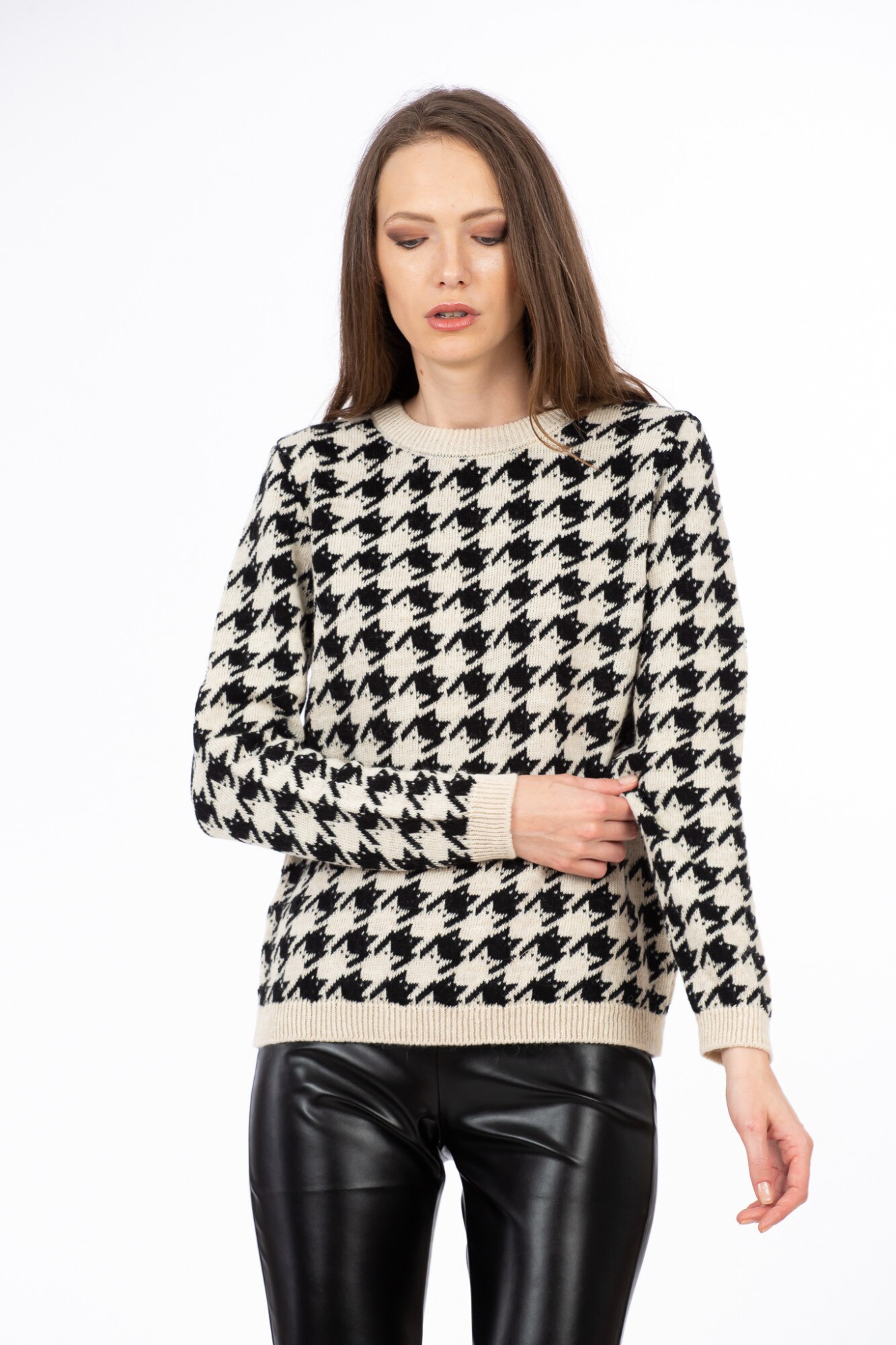 Pulover BE YOU pied de coq, Bej/Negru