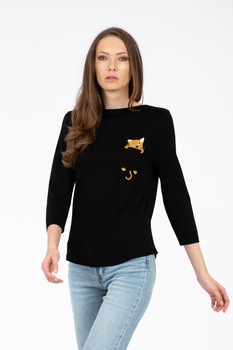 Bluza BE YOU cu pisica in buzunar, Negru Bluza BE YOU cu pisica in buzunar, Negru