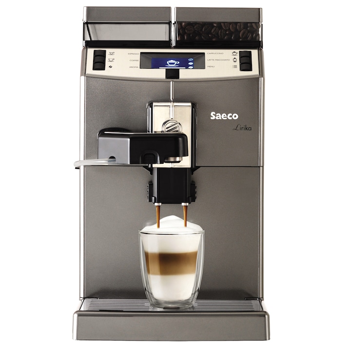 Espressor automat Saeco Lirika One Touch Cappuccino, 1850W, 15 bar, rasnita ceramica, argintiu